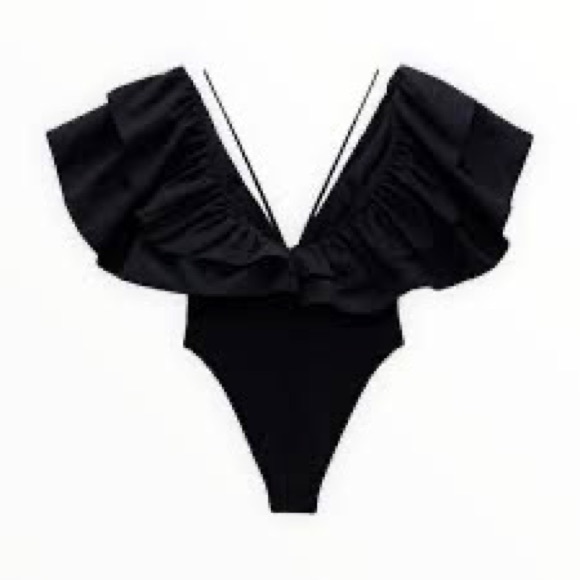 Zara Swim Nwt Zara Black Swimsuit With Maxi Ruffle With Vneckline